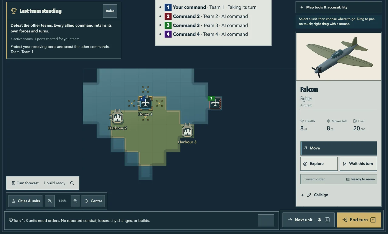 A four-command skirmish on turn 2. Your Falcon is selected over your home city, a rival Falcon waits to the east, and a list shows one human command and three AI commands.