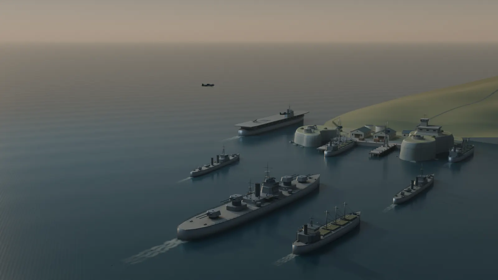 A battleship, a carrier, escorts and a transport sail at dawn toward a fortified harbour with cranes and warehouses.